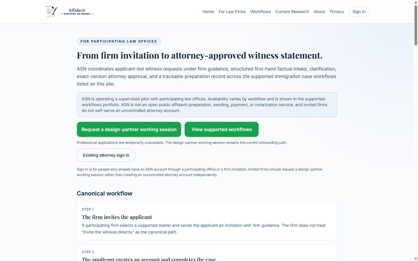 Public Affidavit Support Network page for law firms and professionals.