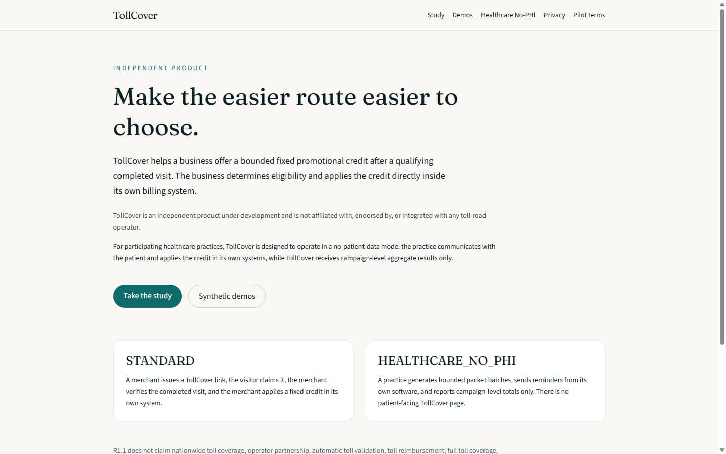 Public TollCover homepage showing destination-sponsored toll validation.